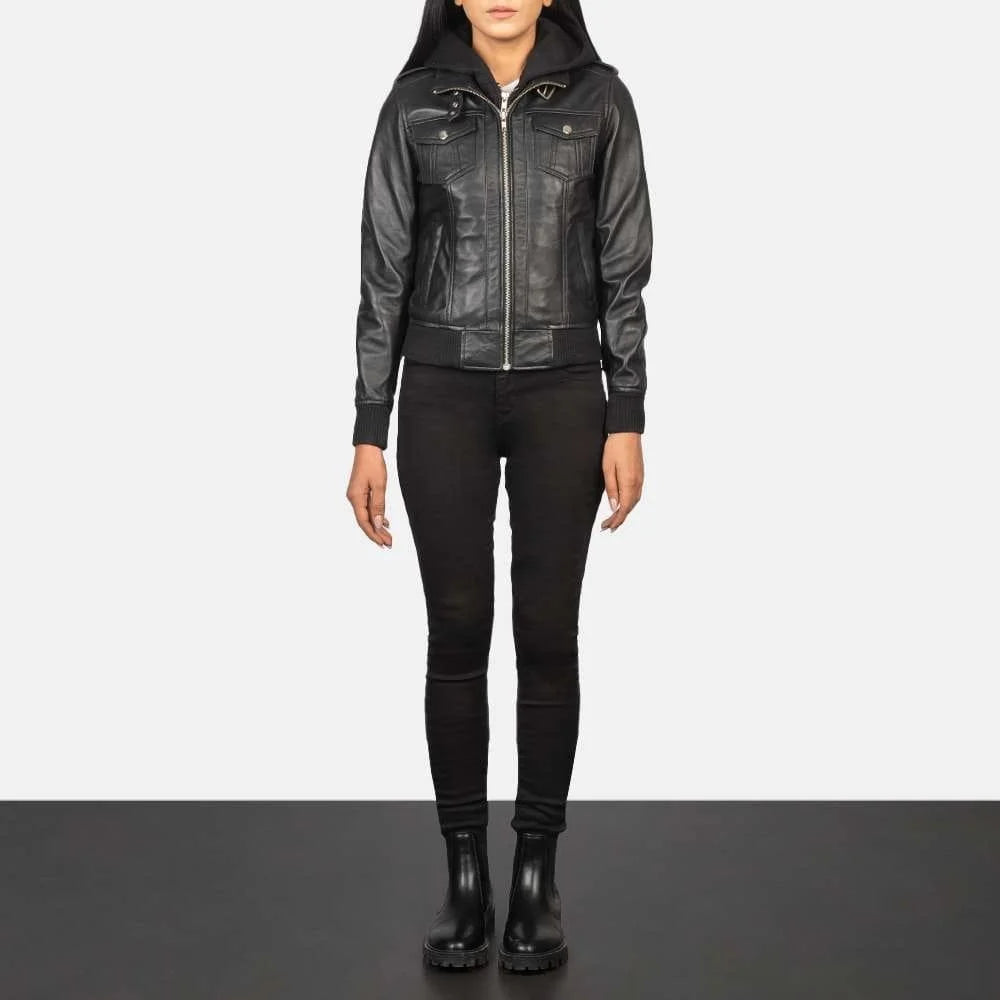 Roslyn Hooded Leather Bomber Jacket