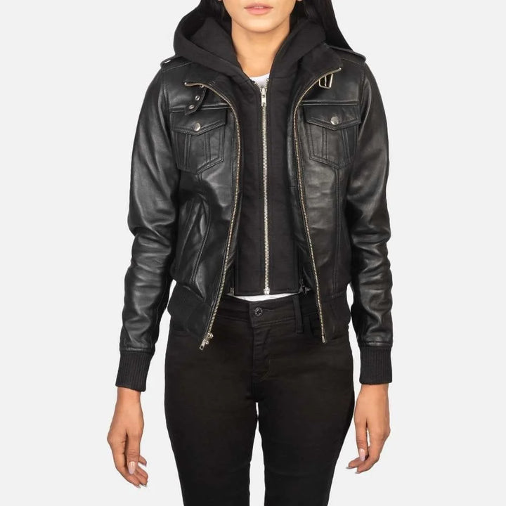 Roslyn Hooded Leather Bomber Jacket