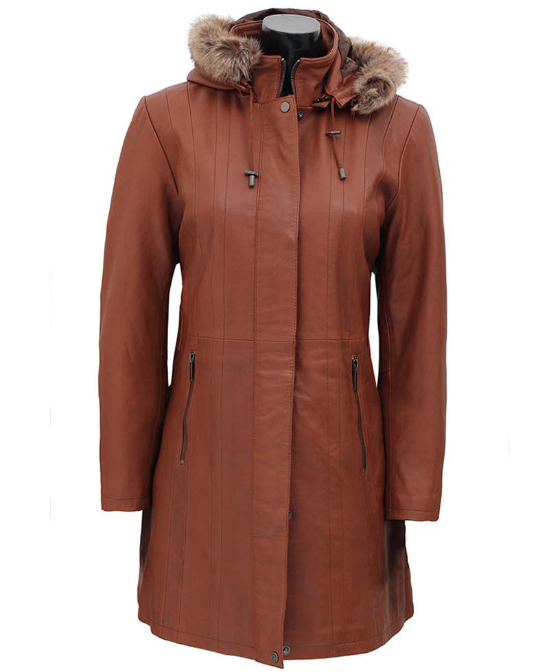 Women’s Hood Brown Sheepskin Leather Coat