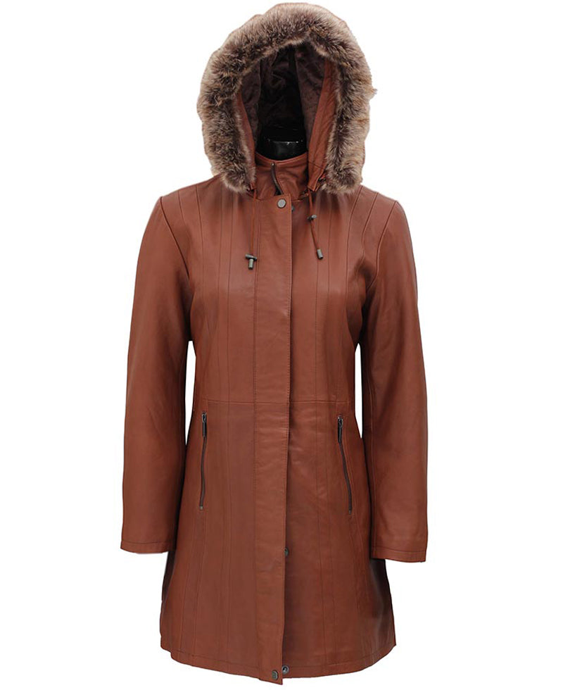 Women’s Hood Brown Sheepskin Leather Coat