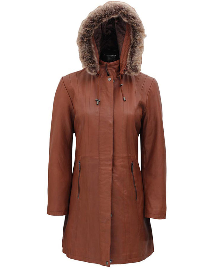 Women’s Hood Brown Sheepskin Leather Coat