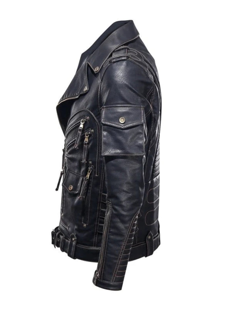 Black leather jacket with detailed stitching on a white background