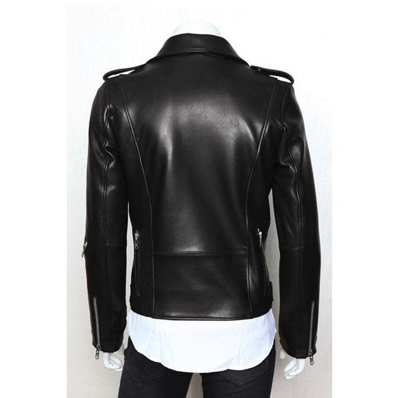 Men's black multi-zip lapel PU leather jacket – view 4