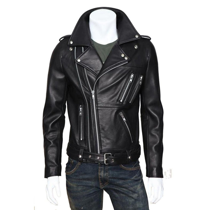 Men's black multi-zip lapel PU leather jacket – view 5