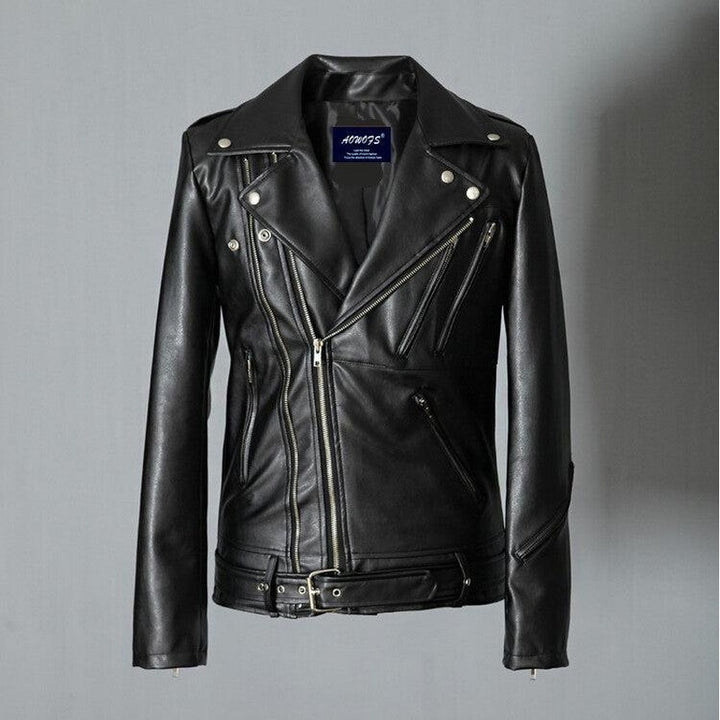 Men's black multi-zip lapel PU leather jacket – view 6